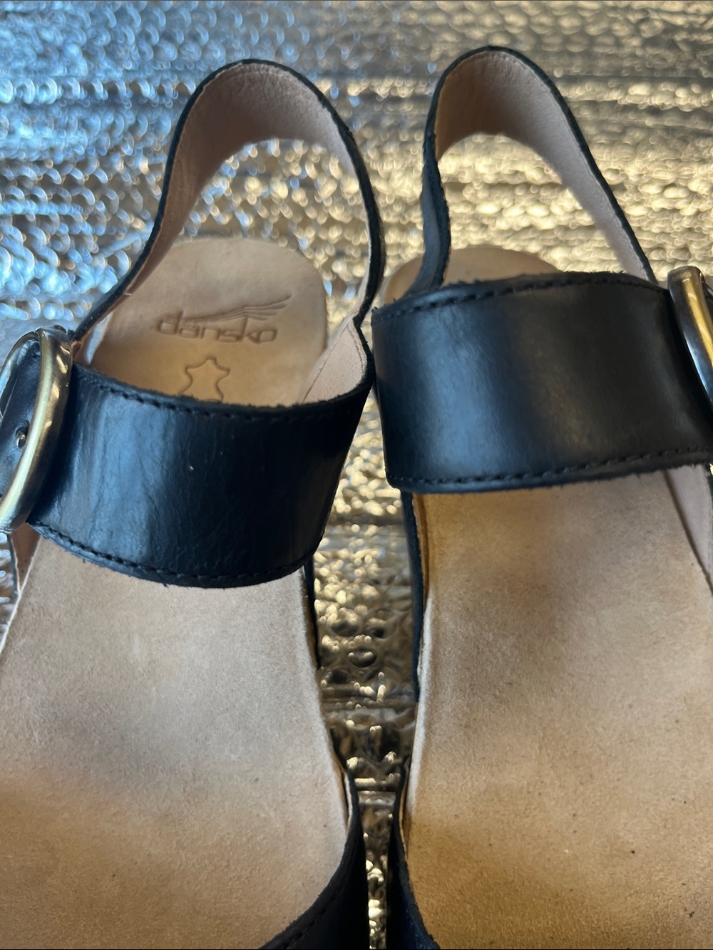 Dansko Black Leather Open-Toe Slingback Sandals with Gold Buckle - Picture 5 of 12